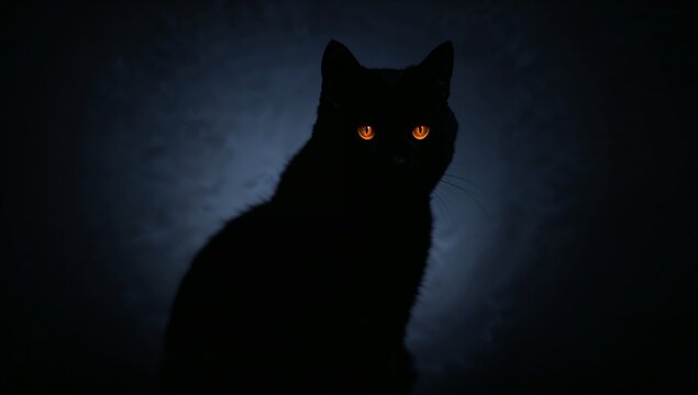 Mysterious Black Cat with Glowing Eyes in Dark Background