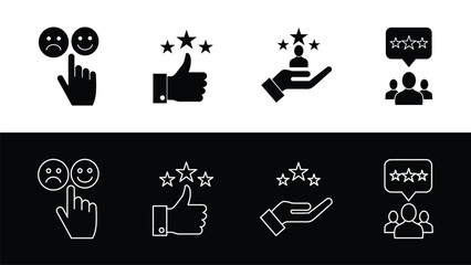 Customer feedback and rating quality review icons, black and white set