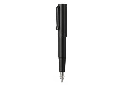 Black fountain pen showcasing a classic design and silver nib, standing vertically as an office supply for writing and signature