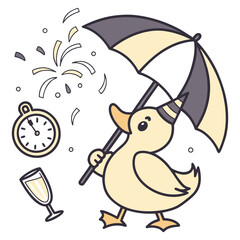 Whimsical Duck feeling Shy in a New Year's Eve/Day setting with under an umbrella – colored in New Beginnings