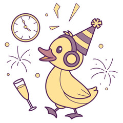 Whimsical Duck feeling Surprised in a New Year's Eve/Day setting with wearing headphones – colored in New Beginnings