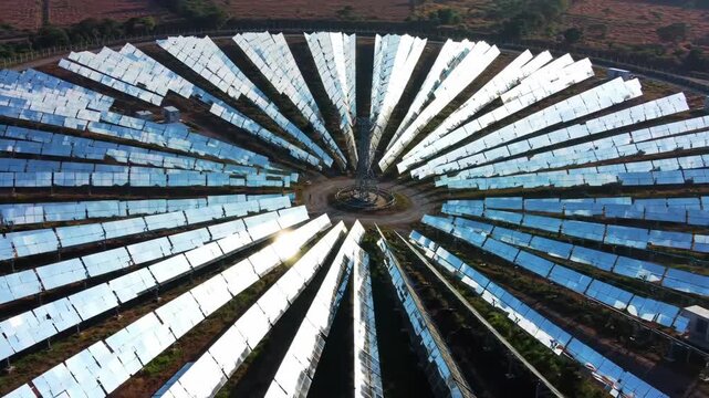 Aerial view of concentrated solar power plant generating renewable energy and clean power, ecology and sustainability concepts.
