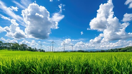 Lush Green Fields under Blue Sky with Wind Turbines Creating Renewable Energy in the Background