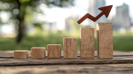 Wooden Blocks Representing Growth with Arrow Indicator in Outdoor Business Environment