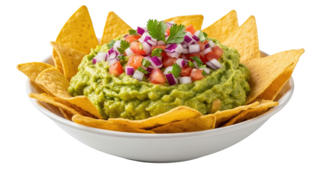 Guacamole with tortilla chips transparent background cutout png
