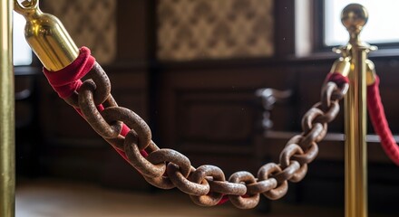 Close-up view of a decorative barrier with a red velvet rope and metal chains in an elegant indoor setting