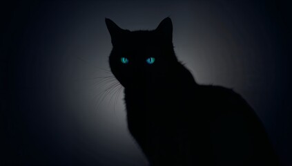 Mysterious Black Cat Silhouette with Striking Blue Eyes at Night