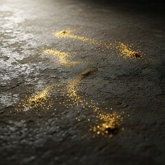 Close-up of a dark surface with scattered glowing golden particles creating a dynamic and sparkling pattern