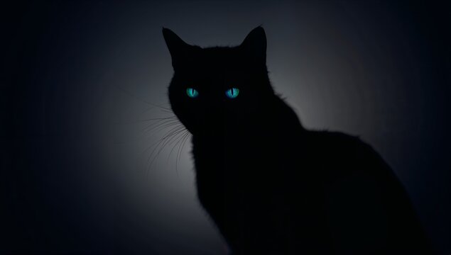 Mysterious Black Cat Silhouette with Striking Blue Eyes at Night