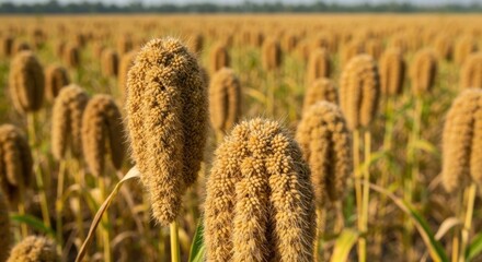 Close-up of cultivated golden heads of grain in a vast field