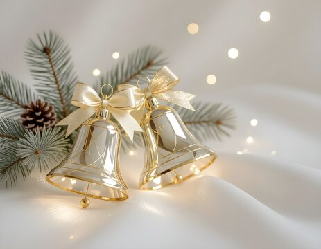 golden christmas bells with ribbon - Powered by Adobe