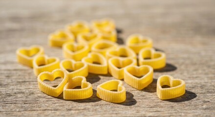 Heart-shaped pasta scattered on a rough wooden surface