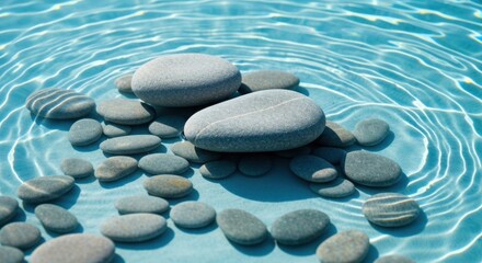 Smooth, gray stones rest in rippling, clear, blue water