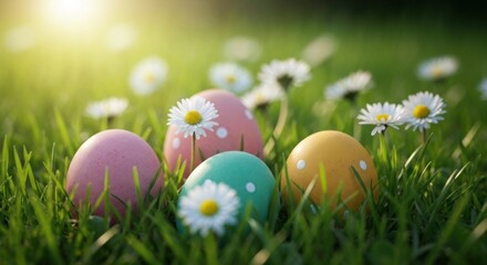 Painted eggs nestle in grass with daisies, illuminated by sunlight