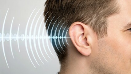 Health effects sound pollution concept. Sound waves emanating towards a human ear, illustrating auditory perception and communication.