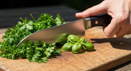 Hand slicing herbs on wooden board with a shiny, sharp knife