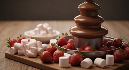A decadent display of a chocolate fountain with fresh fruit and marshmallows
