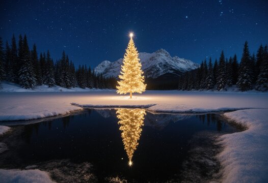 Enchanted christmas tree glowing by a snowy lake under starry night sky