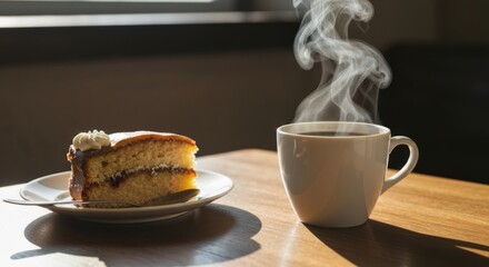 Slice of cake with whipped cream, coffee cup steaming, on a wood table