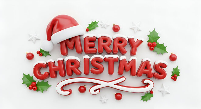 Festive merry christmas text with santa hat and ornaments