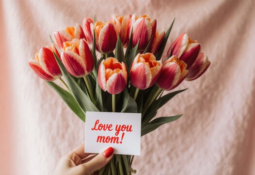 Beautiful tulips with love you mom card in female hand