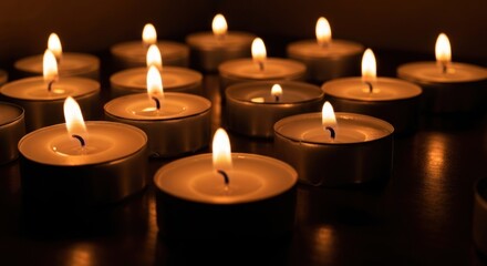 Glowing tea light candles illuminate a dark surface, casting soft light