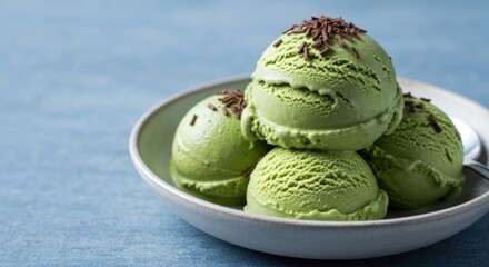 Scoop of green ice cream in a white bowl, sprinkles on top