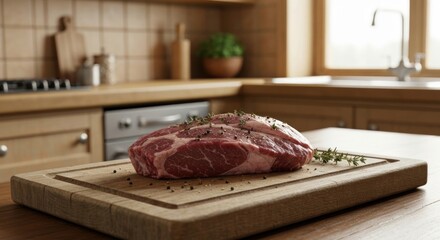 Raw steak seasoned on cutting board in a sunlit kitchen