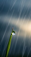 Close-up of a single blade of grass with a water droplet during rain under a cloudy sky, emphasizing nature's resilience and beauty in wet weather conditions