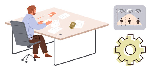 Man focusing on paperwork at a desk, adjacent to a people analytics chart and gear element. Ideal for business, strategy, teamwork, data analysis, productivity, operations workflow. Simple flat