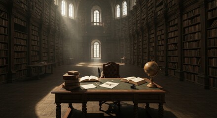 Grand, old library with sunlight streaming through arched windows