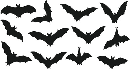 Black bat silhouettes collection, flying bats, hanging bats, Halloween theme, gothic design, nocturnal animals, spooky illustration, eerie shapes