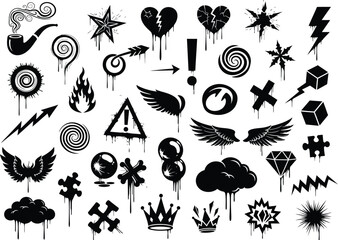 Collection of black tattoo symbols and icons on white background