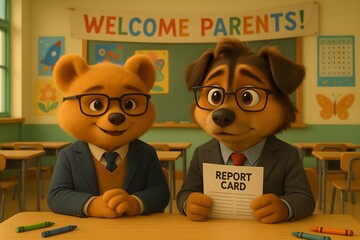 Cute Parent-Teacher Meeting with Dog Characters Holding Report Card – 3D Cartoon Illustration