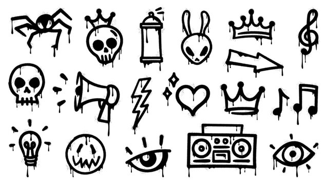 Collection of black and white doodle icons and symbols