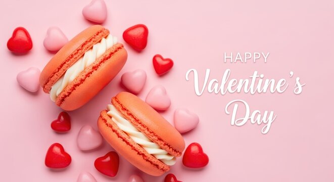 Happy valentines day greeting card with macarons and hearts on pink background