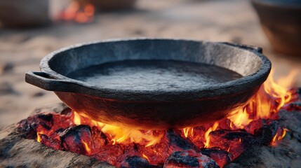 A black pan is on a fire, with the flames licking the sides of the pan. The pan is empty, but the fire is still hot