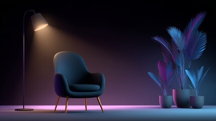 Fototapeta premium A blue chair is sitting in front of a lamp. The room is dimly lit, creating a cozy atmosphere. There are several potted plants in the room, adding a touch of greenery and life to the space