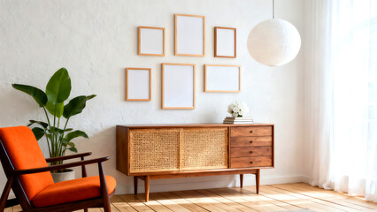 Create a stunning gallery wall with this bright modern living room featuring a stylish console and orange accent chair