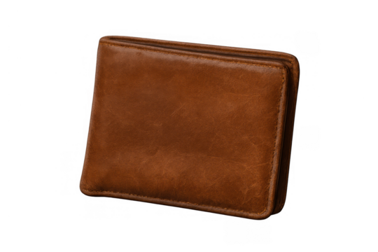 Brown leather wallet, money accessory for personal finance, economy and savings, transparent background cutout
