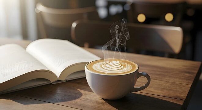 A warm cup of coffee with latte art steaming on a wooden table next to an open book in a sunlit cafe