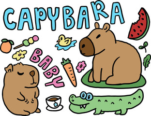 Cute hand drawn vector illustrations of capybara, carrot, duck, orange, watermelon, crocodile, tea cup, flowers for animal, zoo, decoration, stickers, kid drawing style, icon, patch, brooch, plush toy