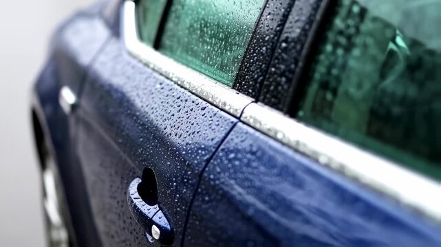 Raindrops glistening on a dark blue vehicle, showcasing details and texture