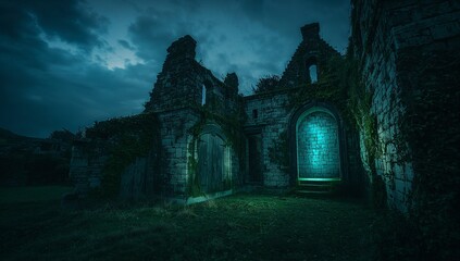 Abandoned Stone Building Under Dramatic Night Sky in Moonlight