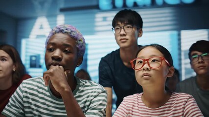 Diverse group of students watches AI tech presentation in classroom with digital display. - Powered by Adobe