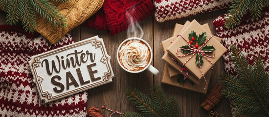 Festive holiday flat lay with a Winter Sale sign, a stack of wrapped gifts with holly, colorful warm sweaters and pine branches hot coffee banner and cover