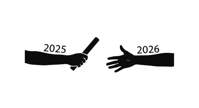 Hands passing a baton, symbolizing the transition from 2025 to 2026, representing future progress and change.