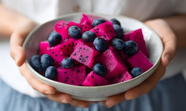 Close-up shot of a vibrant fruit bowl filled with bright magenta dragon fruit cubes and fresh blueberries, clean geometric cuts, glossy surfaces, rich natural colors, soft diffused lighting, minimal b - Powered by Adobe