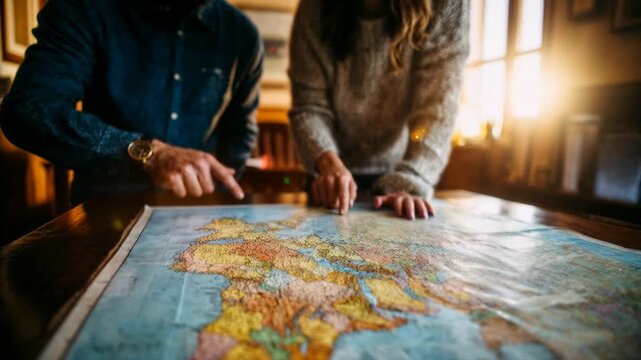 Planning a road trip—hands on vintage map, pointing routes, wanderlust vibes, travel strategy, adventure preparation, storytelling scene for tourism brands