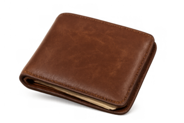 Brown leather wallet with money inside on transparent background representing finance, economy, and saving